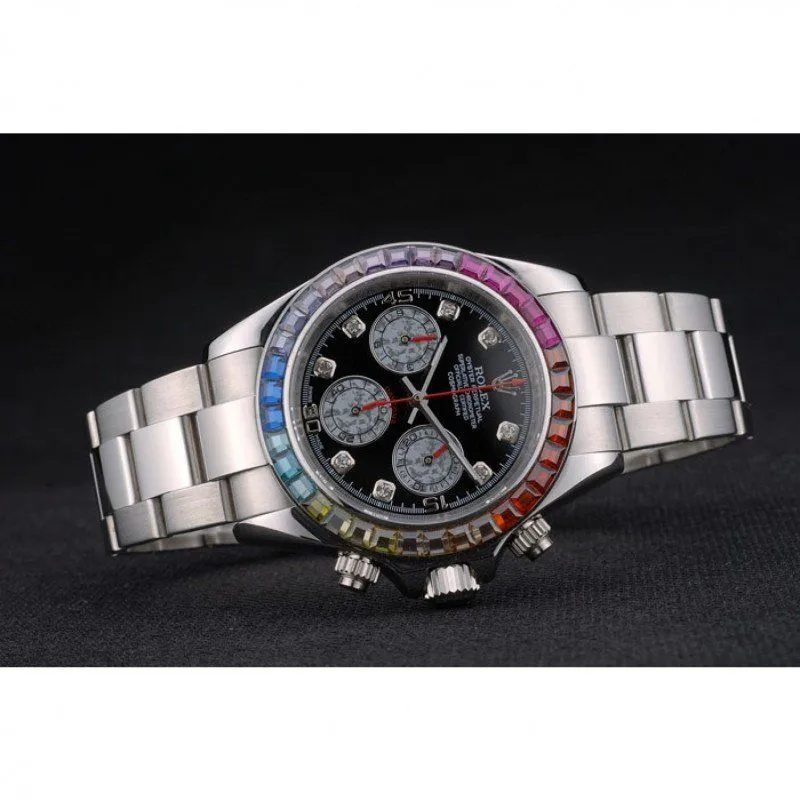 Rolex Daytona Cosmograph Rainbow Crystals Bezel Stainless Steep Strap Black Dial 80250 - Image 3