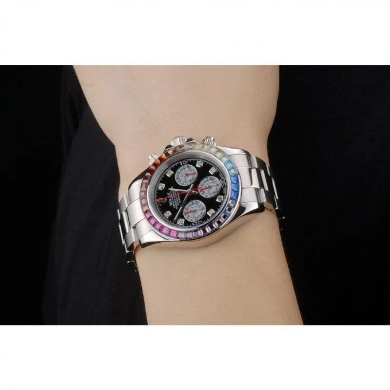 Rolex Daytona Cosmograph Rainbow Crystals Bezel Stainless Steep Strap Black Dial 80250 - Image 9