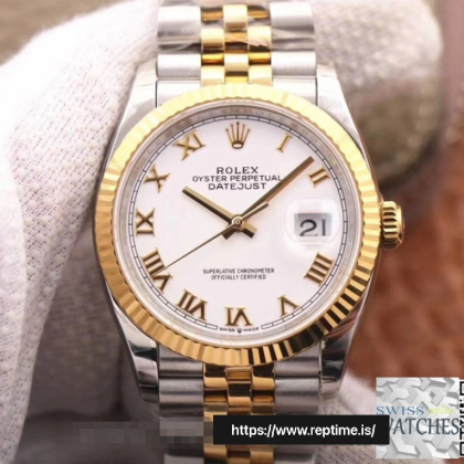 ROLEX DATEJUST WHITE DIAL 18K YELLOW GOLD 36MM SWISS REPLICA m126233.0029