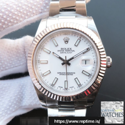 ROLEX DATEJUST WHITE DIAL SAPPHIRE CRYSTAL 41MM SWISS REPLICA m126334.0009