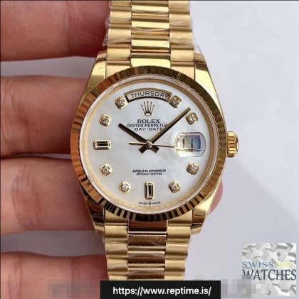 ROLEX DAY DATE WHITE DIAL 18K YELLOW GOLD 36MM SWISS REPLICA m128238.1