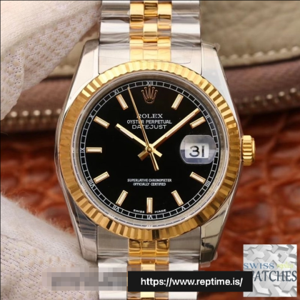 ROLEX DATEJUST BLACK DIAL 18K YELLOW GOLD 36MM SWISS REPLICA 126233.5