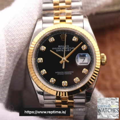 ROLEX DATEJUST BLACK DIAL 18K YELLOW GOLD 36MM SWISS REPLICA m126233.0021